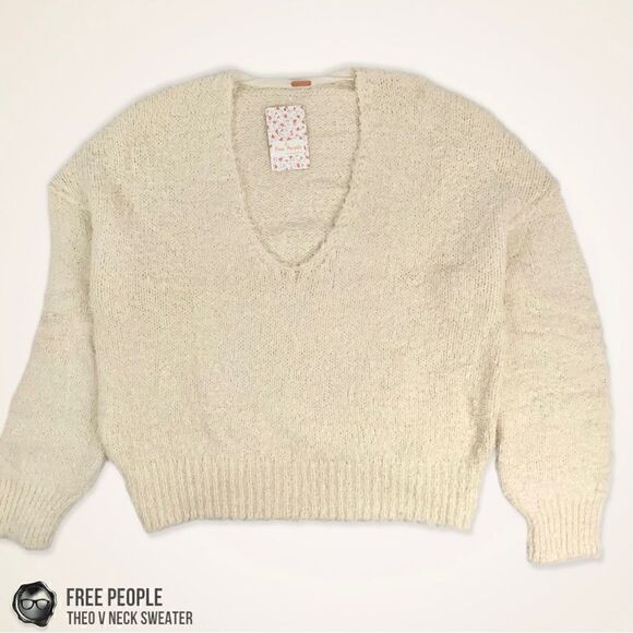 FREE PEOPLE THEO V NECK SWEATER IN CREAM WOMEN’S MEDIUM OVERSIZED SMALL FUZZY - Picture 4 of 16
